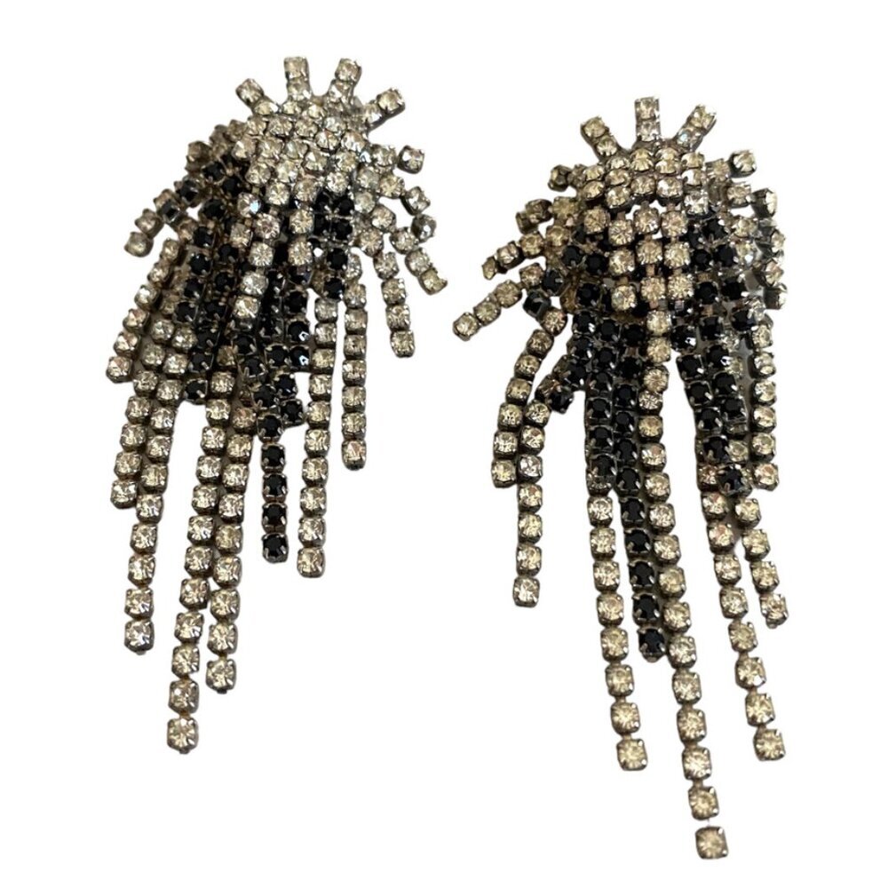 Rhinestone Star Burst Earrings Statement black white 2.5"